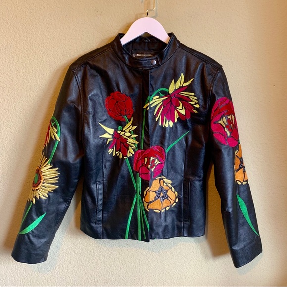 Floral Embroidered Leather Biker Jacket - Picture 2 of 8